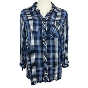 J. Jill Denim Blue Plaid Button Down Shirt Tie Sleeves